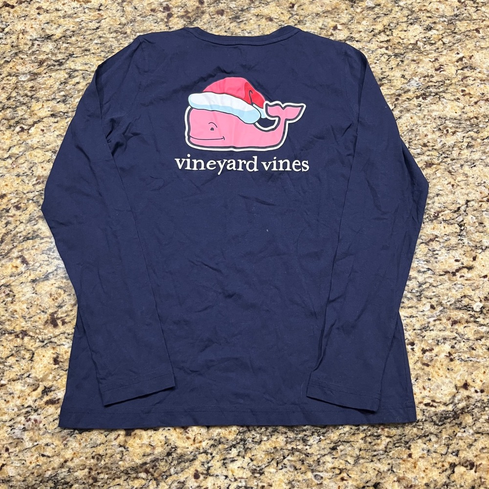 Vineyard Vines Mens Santa Whale Long Sleeve Pocket T-Shirt Navy Blue Small
